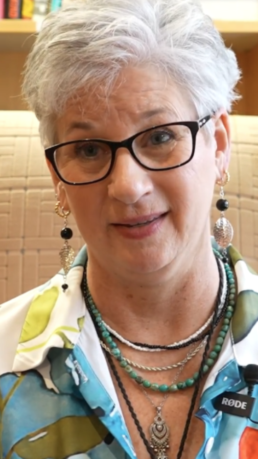 Woman in colorful outfit